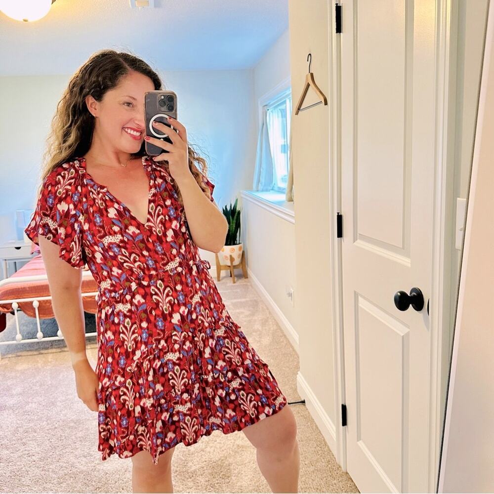 Anthropologie Red Burgundy Ikat Floral Mini Dress Small